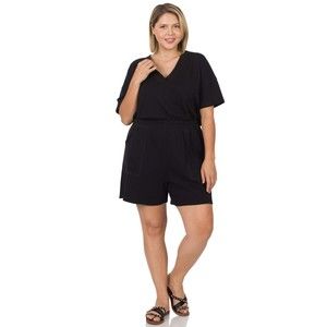 Zenana Shorts Romper Womens One Piece V Neck Pockets Plus Size Black 1X 2X 3X